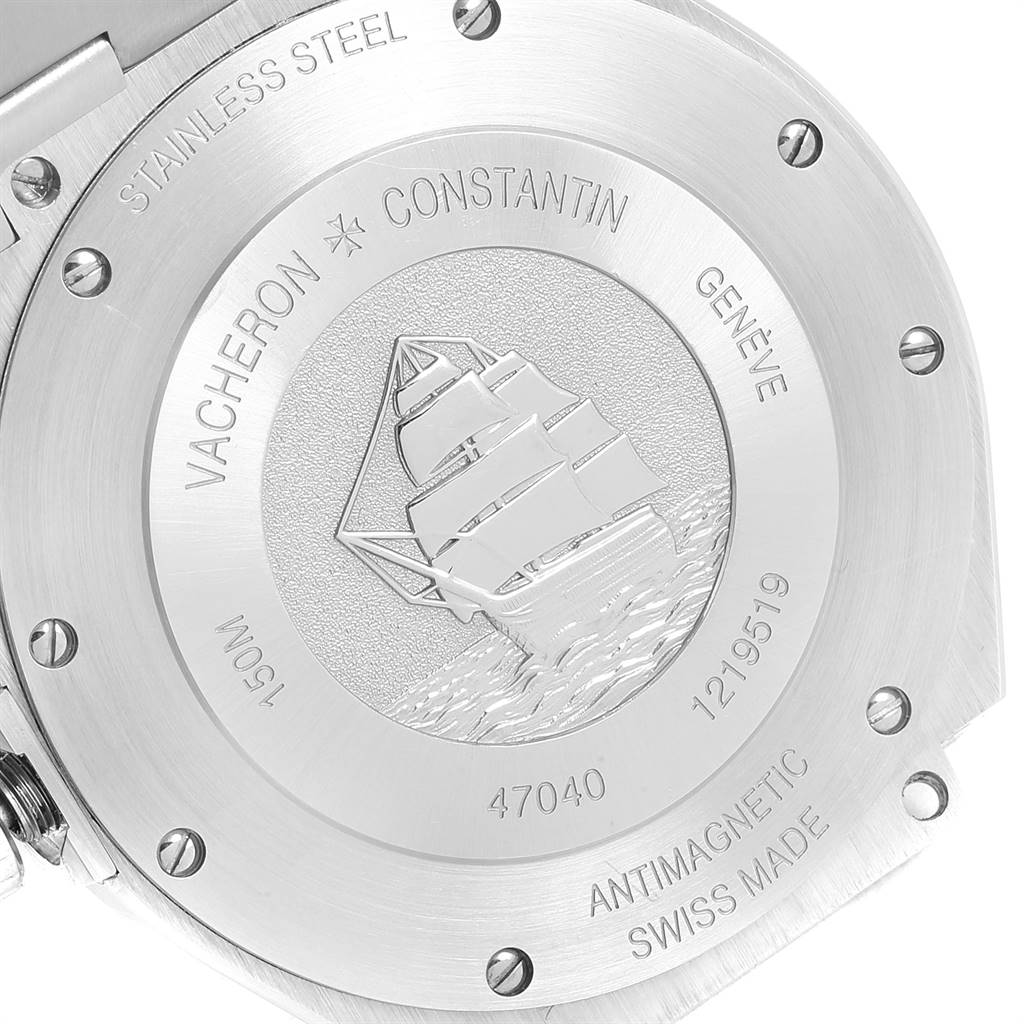 The image shows the detailed back case of a Vacheron Constantin Overseas 47040B01A-9093 Men's Stainless Steel Silver Dial 47040B01A-9093 Men's Stainless Steel Silver Dial model watch.