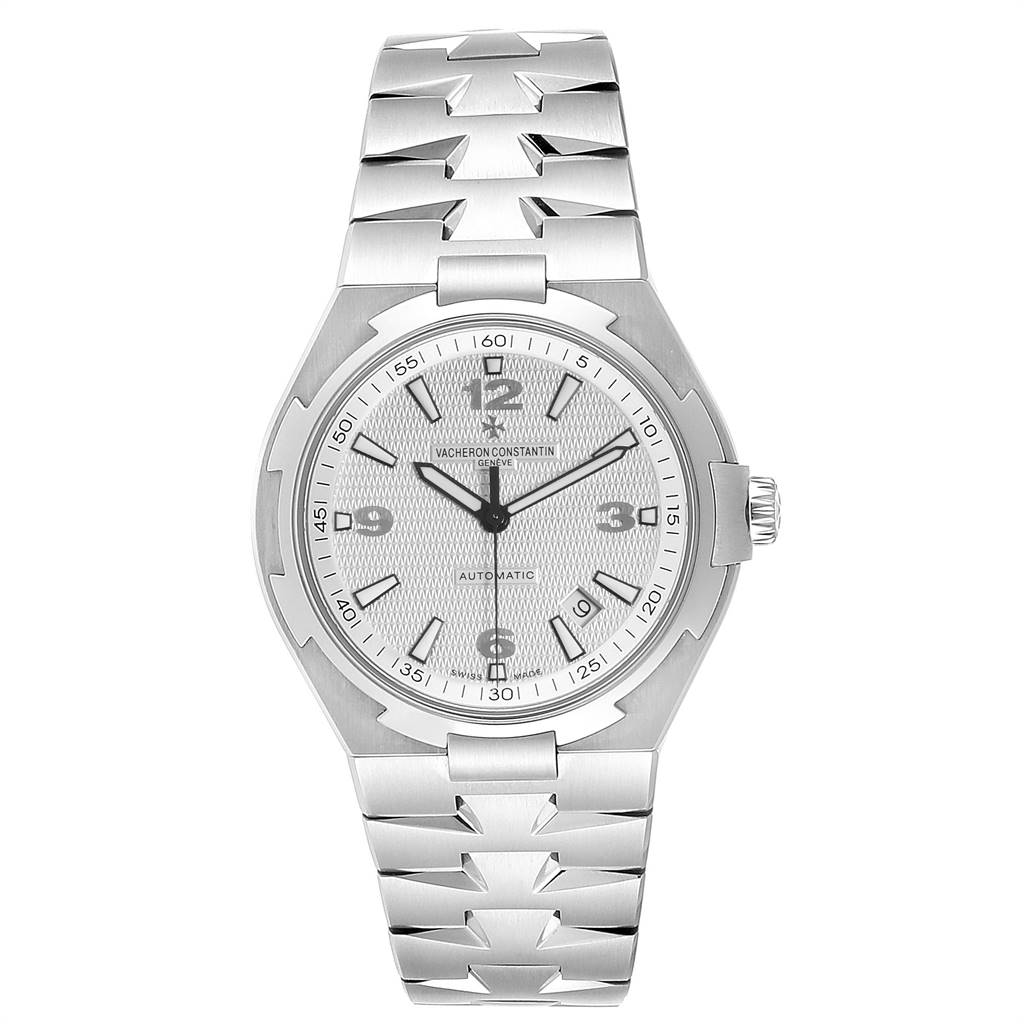 The image shows a front view of the Vacheron Constantin Overseas 47040B01A-9093 Men's Stainless Steel Silver Dial 47040B01A-9093 Men's Stainless Steel Silver Dial model watch, highlighting its dial, bezel, and metal bracelet.