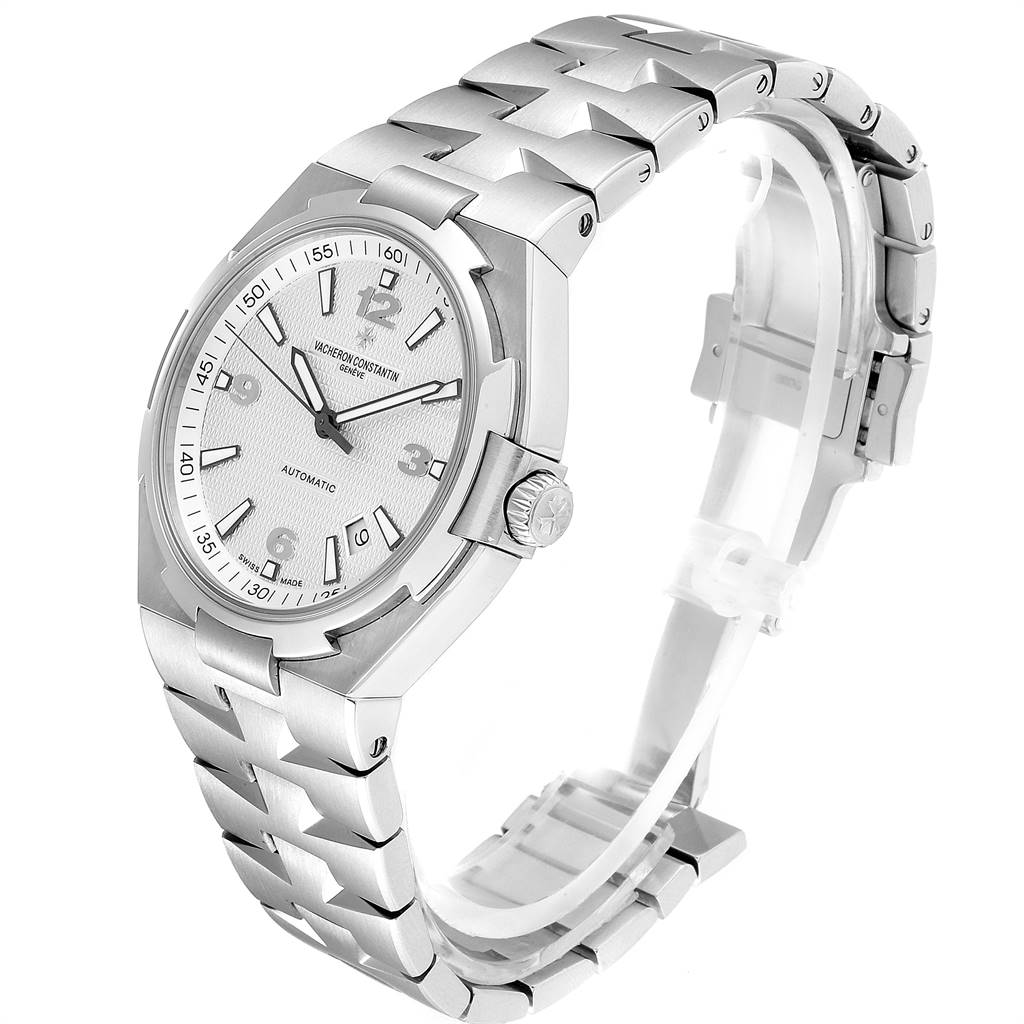 The Vacheron Constantin Overseas 47040B01A-9093 Men's Stainless Steel Silver Dial 47040B01A-9093 Men's Stainless Steel Silver Dial watch is displayed at a slight angle, showing the dial, crown, and bracelet in silver.