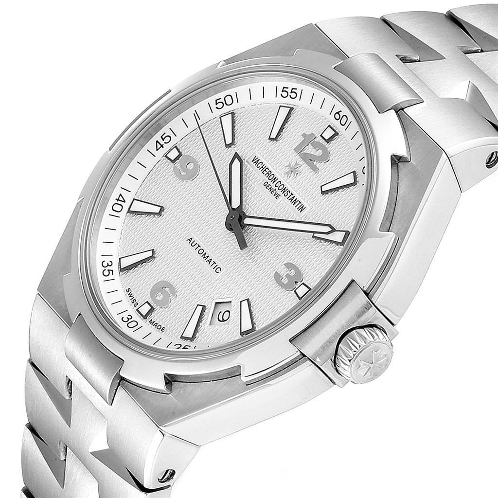 The image shows a Vacheron Constantin Overseas 47040B01A-9093 Men's Stainless Steel Silver Dial 47040B01A-9093 Men's Stainless Steel Silver Dial watch at a three-quarter angle, highlighting the dial, bracelet, and crown.