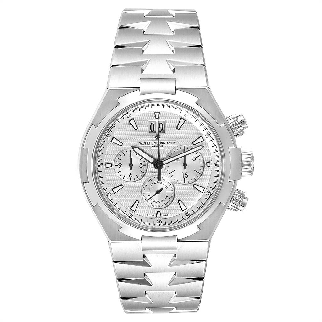 The image shows a Vacheron Constantin Overseas 49150 Men's Stainless Steel Silver Dial 49150 Men's Stainless Steel Silver Dial model watch from a straight-on angle, highlighting its silver dial and bracelet.