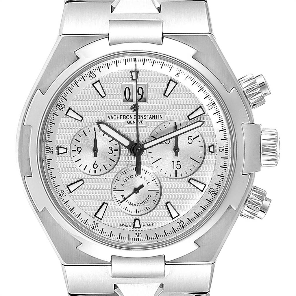 This image shows the Vacheron Constantin Overseas 49150 Men's Stainless Steel Silver Dial 49150 Men's Stainless Steel Silver Dial model watch from a front angle, highlighting the dial, sub-dials, and crown.