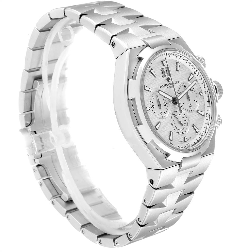 This image shows the Vacheron Constantin Overseas 49150 Men's Stainless Steel Silver Dial 49150 Men's Stainless Steel Silver Dial model from a three-quarter angle, highlighting the face and bracelet detail.