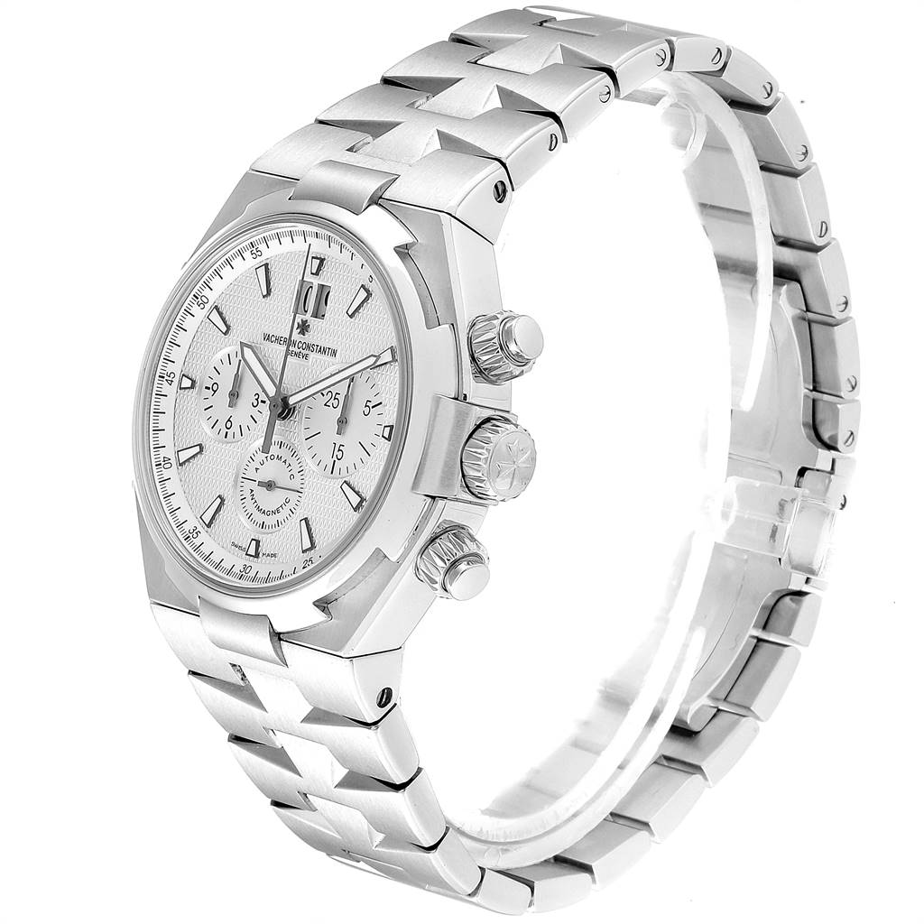 The image shows a Vacheron Constantin Overseas 49150 Men's Stainless Steel Silver Dial 49150 Men's Stainless Steel Silver Dial model watch at a three-quarter angle, highlighting its dial, bezel, and bracelet.