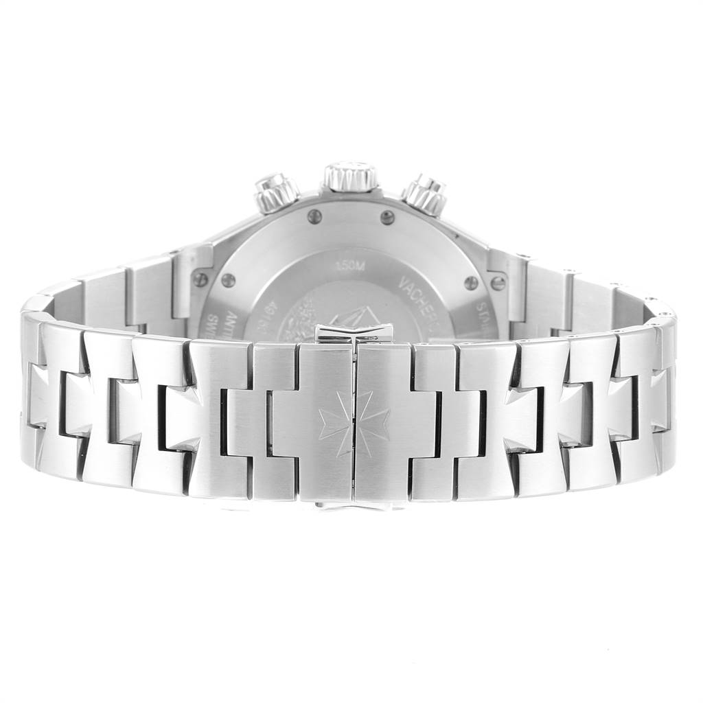 The image shows the back view of the bracelet, clasp, and case back of a Vacheron Constantin Overseas 49150 Men's Stainless Steel Silver Dial 49150 Men's Stainless Steel Silver Dial model watch.