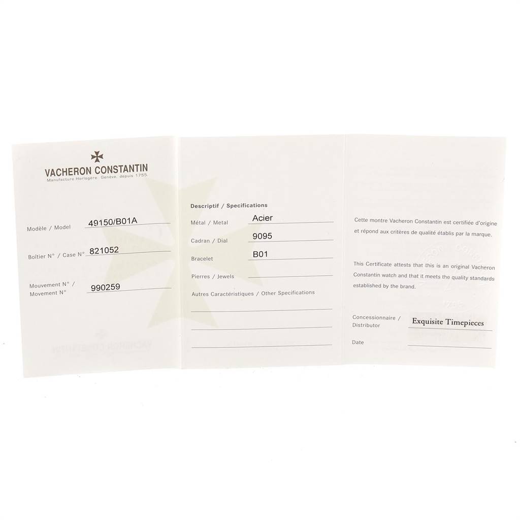 This image shows the certificate of origin and specifications for the Vacheron Constantin Overseas 49150 Men's Stainless Steel Silver Dial 49150 Men's Stainless Steel Silver Dial model watch.