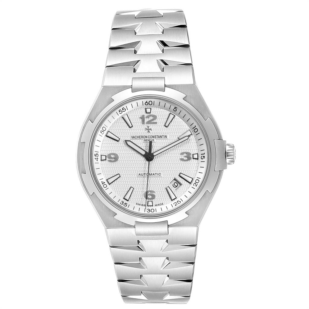 The image shows a front view of the Vacheron Constantin Overseas 47040B01A-9093 Men's Stainless Steel Silver Dial 47040B01A-9093 Men's Stainless Steel Silver Dial model, highlighting the dial, hands, and bracelet.