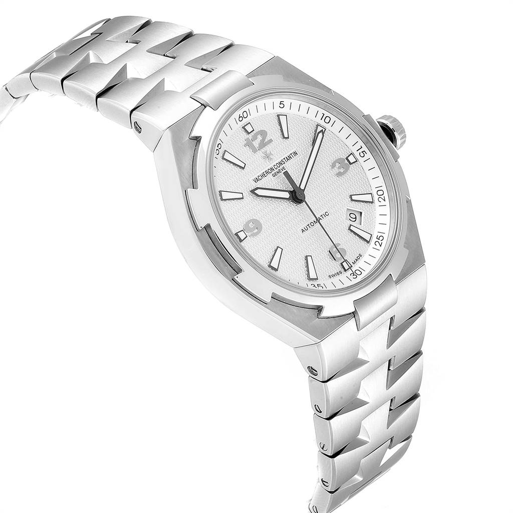 The image shows a Vacheron Constantin Overseas 47040B01A-9093 Men's Stainless Steel Silver Dial 47040B01A-9093 Men's Stainless Steel Silver Dial watch at a slight angle, highlighting its bracelet, dial, and crown.