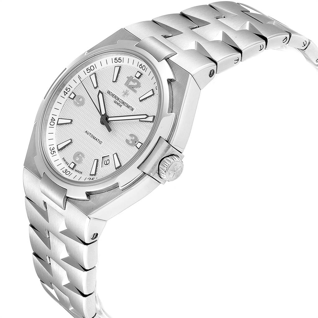 This image shows a side angle of a Vacheron Constantin Overseas 47040B01A-9093 Men's Stainless Steel Silver Dial 47040B01A-9093 Men's Stainless Steel Silver Dial watch, displaying the dial, crown, and bracelet.