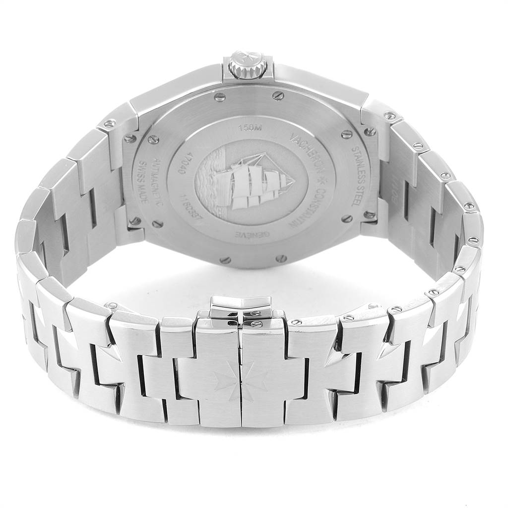 The image shows the Vacheron Constantin Overseas 47040B01A-9093 Men's Stainless Steel Silver Dial 47040B01A-9093 Men's Stainless Steel Silver Dial model from the back, highlighting the case back and stainless steel bracelet.