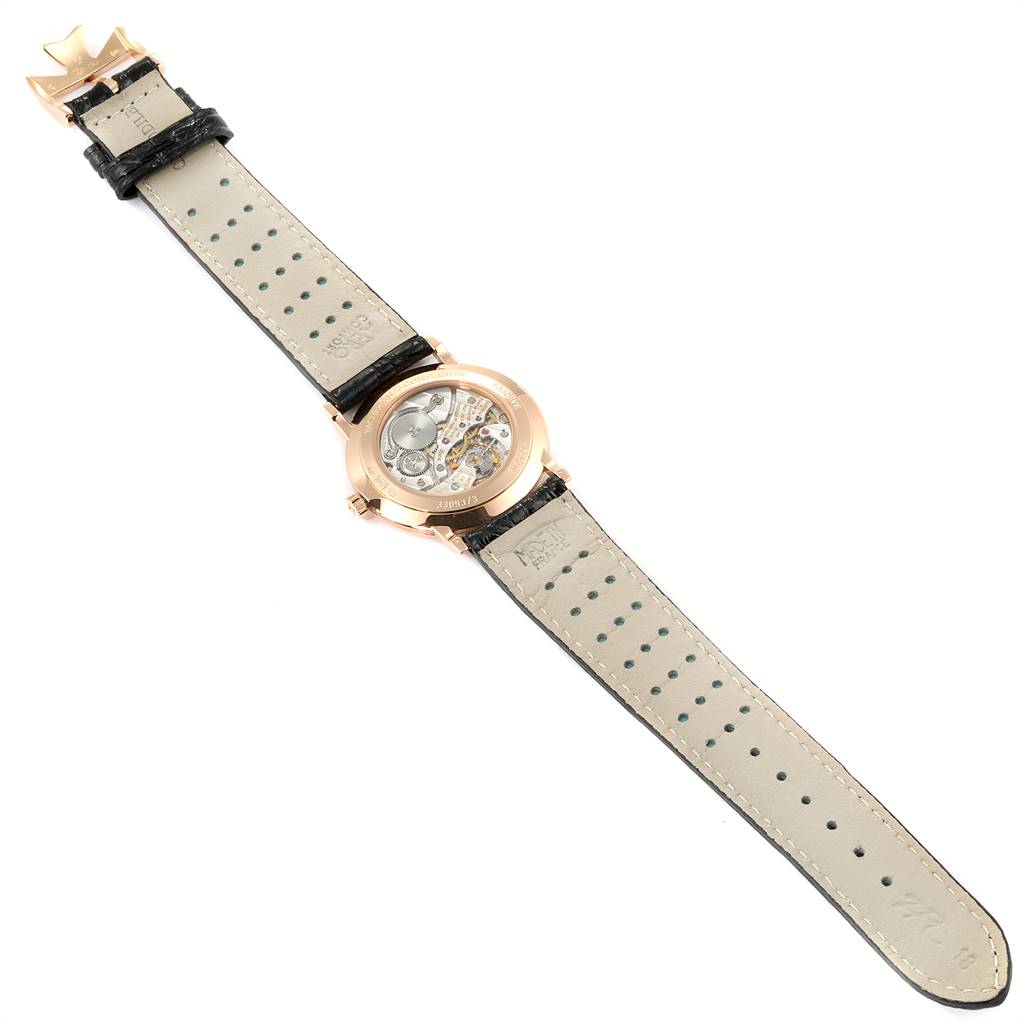 The image shows the back view of the Vacheron Constantin Patrimony 33093/3 Men's Rose Gold White Dial 33093/3 Men's Rose Gold White Dial watch, displaying its movement and strap.