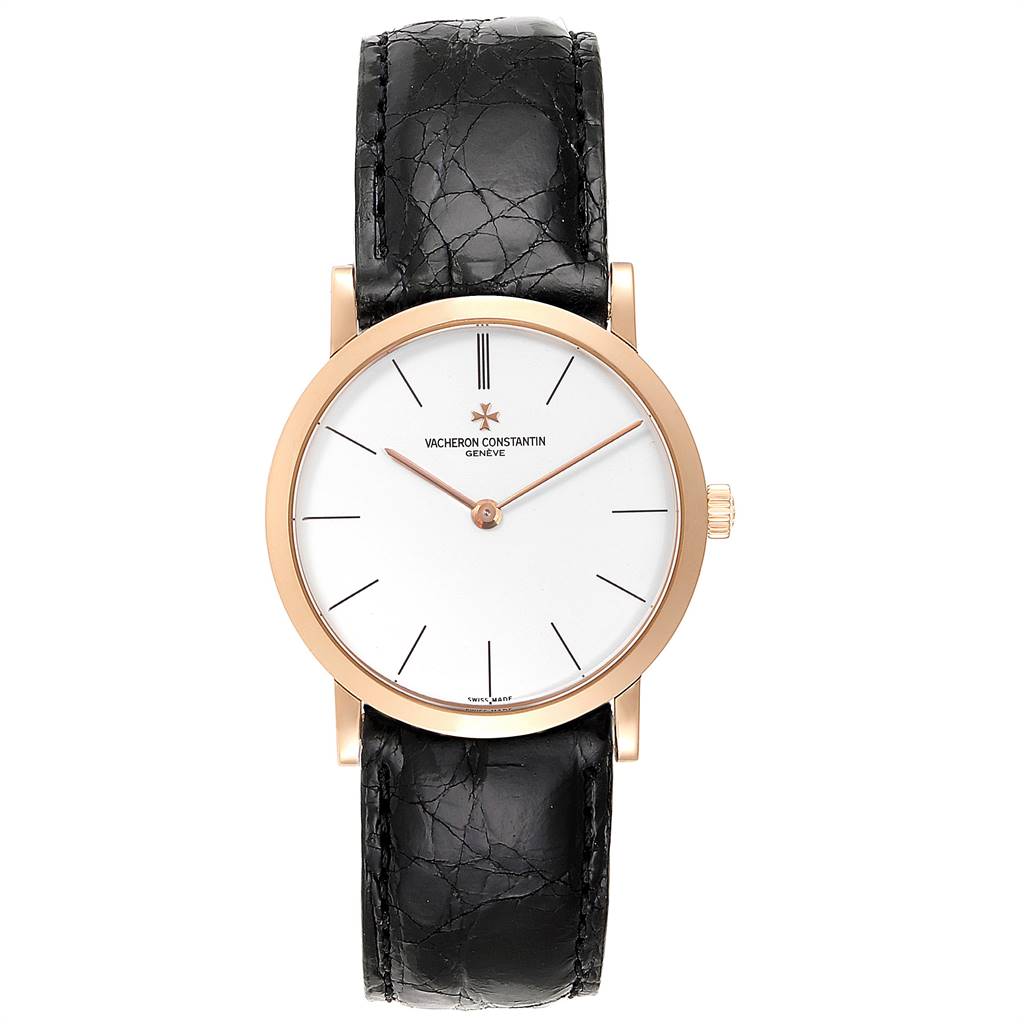 This Vacheron Constantin Patrimony 33093/3 Men's Rose Gold White Dial 33093/3 Men's Rose Gold White Dial watch is shown from a top view, displaying its dial, case, and leather strap.