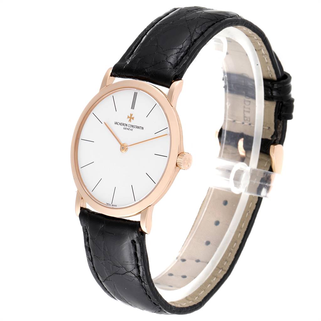The Vacheron Constantin Patrimony 33093/3 Men's Rose Gold White Dial 33093/3 Men's Rose Gold White Dial watch is shown at an angled front view, highlighting the face, case, strap, and clasp.