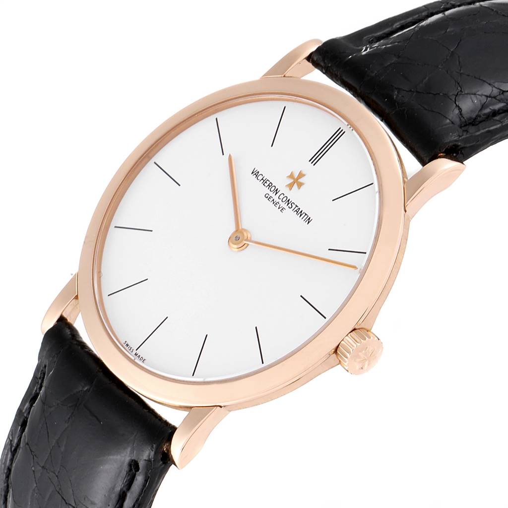 This Vacheron Constantin Patrimony 33093/3 Men's Rose Gold White Dial 33093/3 Men's Rose Gold White Dial watch is shown from a front angle, displaying its face, hands, and black leather strap.