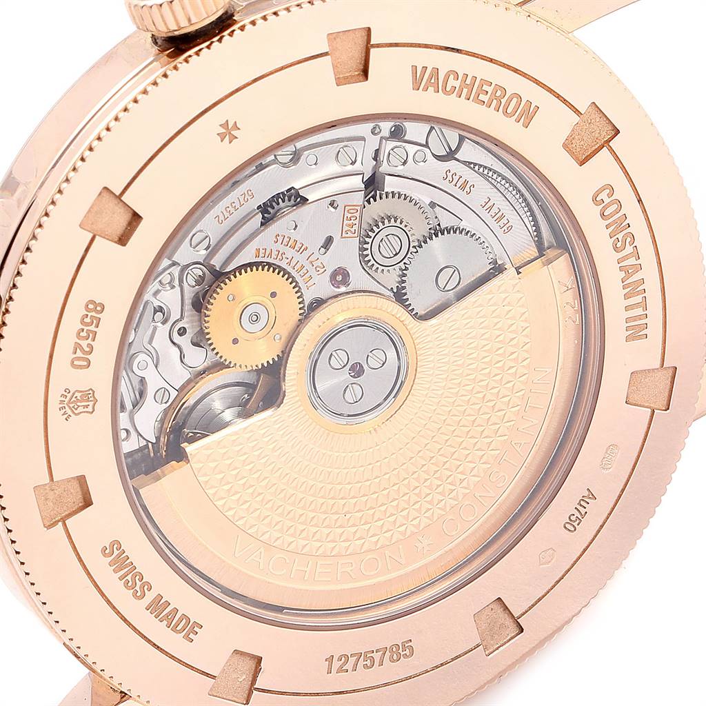The image shows the back of the Vacheron Constantin Traditionnelle 85520/000R-9850 Men
s Rose Gold Pink Dial 85520/000R-9850 Men
s Rose Gold Pink Dial model, revealing the intricate mechanisms and part of the rotor.