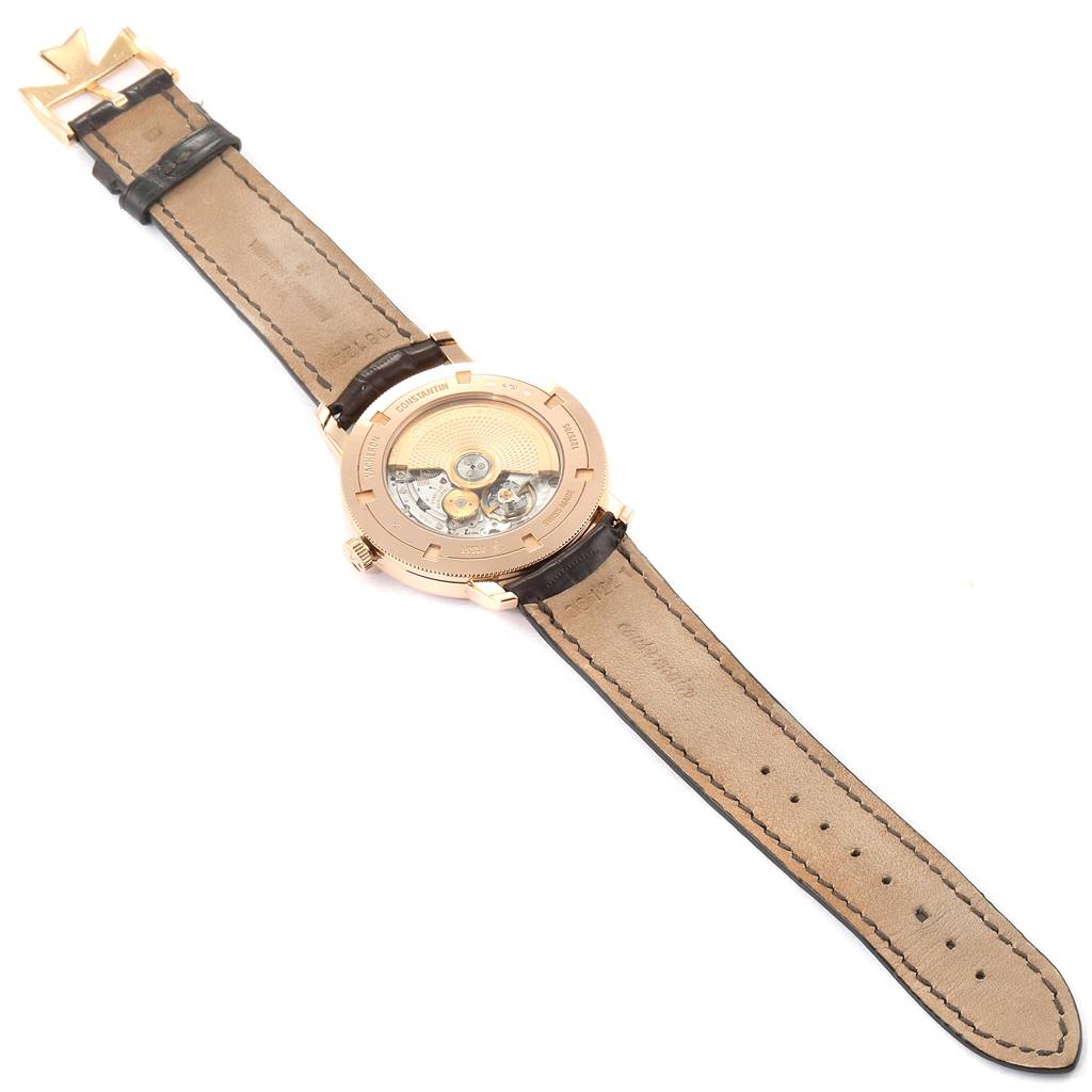 The image shows the back view of a Vacheron Constantin Traditionnelle 85520/000R-9850 Men
s Rose Gold Pink Dial 85520/000R-9850 Men
s Rose Gold Pink Dial watch, highlighting the movement and back case details.