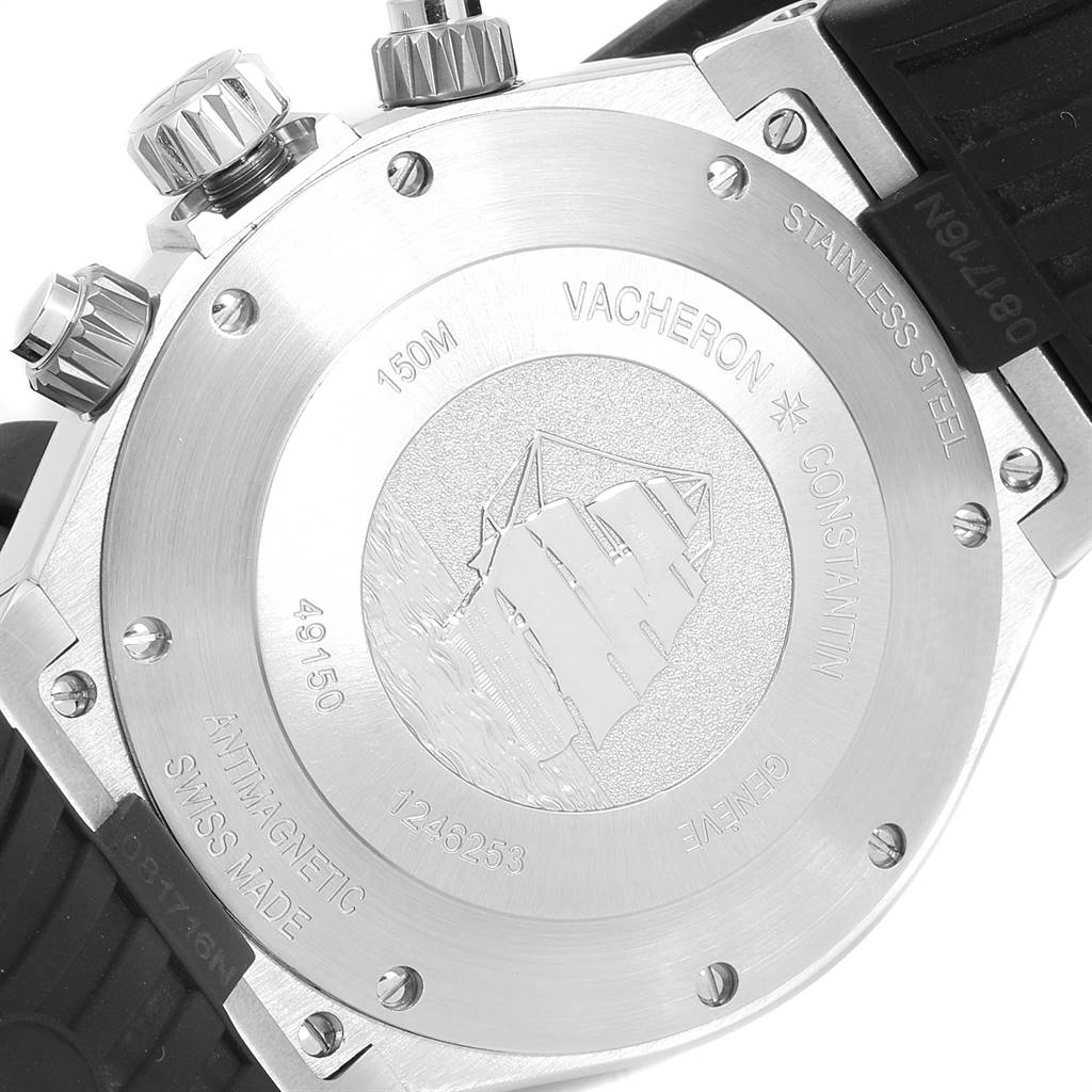 This image shows the case back and some crown details of the Vacheron Constantin Overseas 49150/000W-9501 Men's Stainless Steel Grey Dial 49150/000W-9501 Men's Stainless Steel Grey Dial watch.