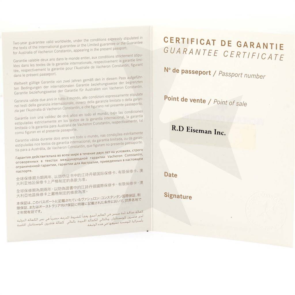This is a two-page spread of the guarantee certificate for the Vacheron Constantin Overseas 49150/000W-9501 Men's Stainless Steel Grey Dial 49150/000W-9501 Men's Stainless Steel Grey Dial model, showing passport number, point of sale, date, and signature fields.