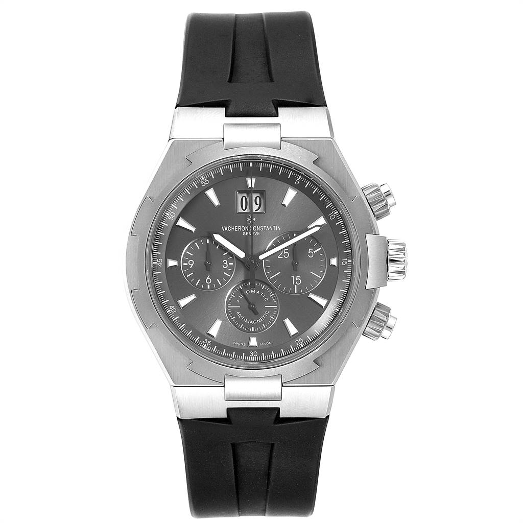 The image shows a Vacheron Constantin Overseas 49150/000W-9501 Men's Stainless Steel Grey Dial 49150/000W-9501 Men's Stainless Steel Grey Dial watch from a front-angle view, highlighting the dial, case, and black strap.