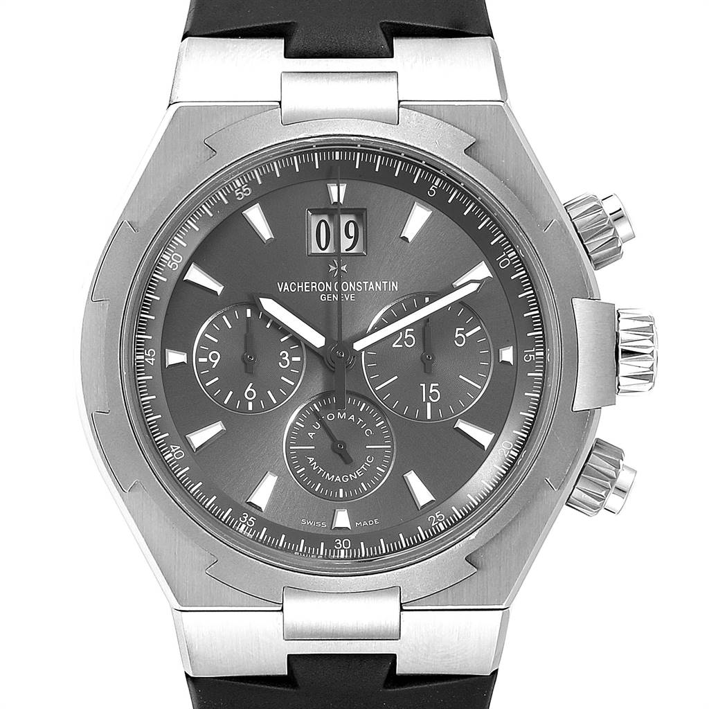 The image shows a front view of a Vacheron Constantin Overseas 49150/000W-9501 Men's Stainless Steel Grey Dial 49150/000W-9501 Men's Stainless Steel Grey Dial watch, highlighting the dial, subdials, and pushers.