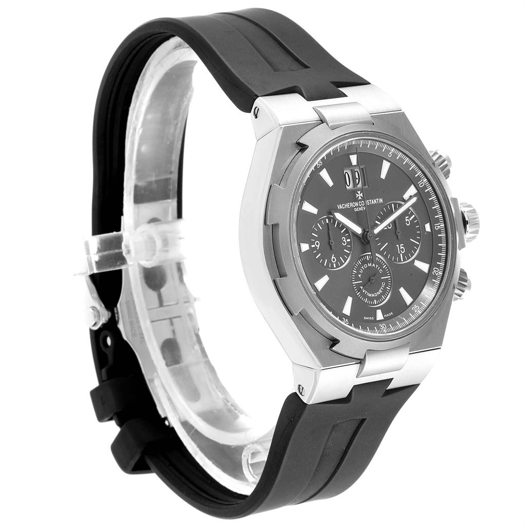 This image shows a side view of the Vacheron Constantin Overseas 49150/000W-9501 Men's Stainless Steel Grey Dial 49150/000W-9501 Men's Stainless Steel Grey Dial model, highlighting its rubber strap and chronograph dial.