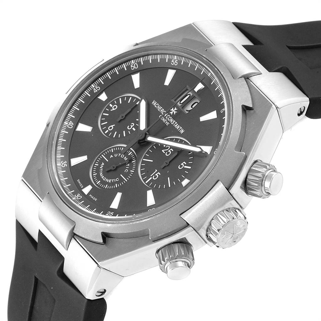 This image shows a Vacheron Constantin Overseas 49150/000W-9501 Men's Stainless Steel Grey Dial 49150/000W-9501 Men's Stainless Steel Grey Dial watch from an angled view, highlighting the dial, crown, and push buttons.