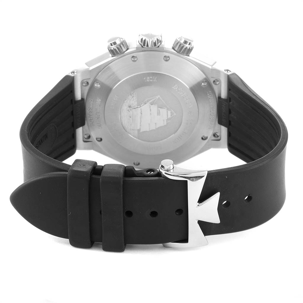 This image shows the back view of a Vacheron Constantin Overseas 49150/000W-9501 Men's Stainless Steel Grey Dial 49150/000W-9501 Men's Stainless Steel Grey Dial watch, highlighting the case back, crown, and rubber strap with a distinctive clasp.