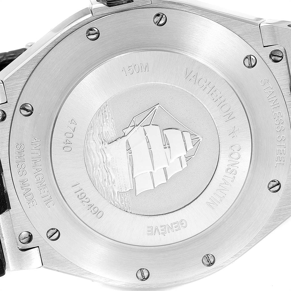 The image shows the stainless steel case back of a Vacheron Constantin Overseas 47040/000W-9500 Men's Stainless Steel Black Dial 47040/000W-9500 Men's Stainless Steel Black Dial watch with nautical engraving.