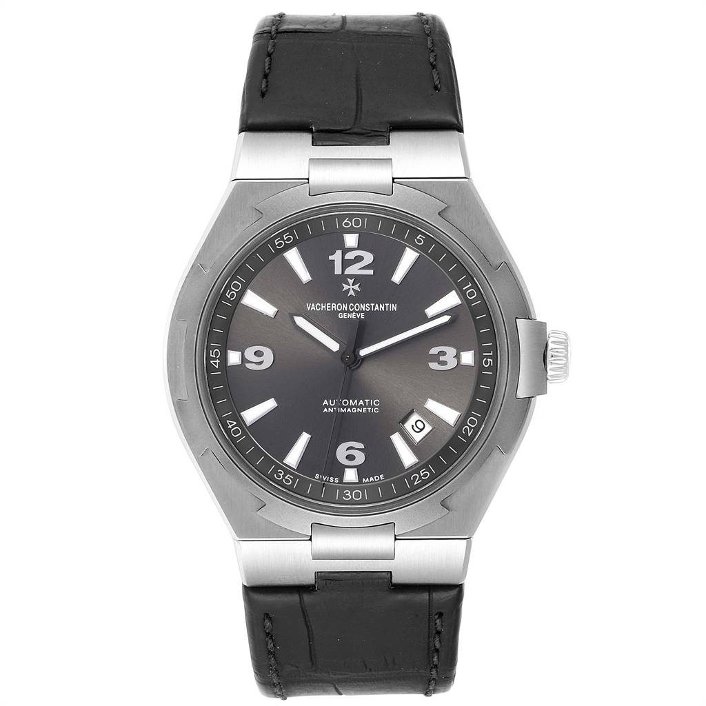 The image shows a front view of the Vacheron Constantin Overseas 47040/000W-9500 Men's Stainless Steel Black Dial 47040/000W-9500 Men's Stainless Steel Black Dial watch, displaying the dial, bezel, crown, and leather strap.
