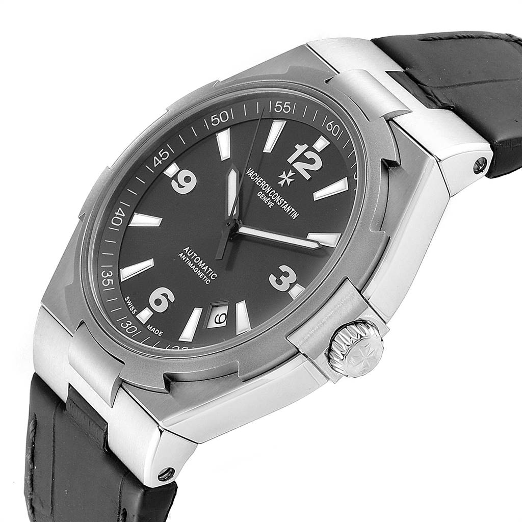 This Vacheron Constantin Overseas 47040/000W-9500 Men's Stainless Steel Black Dial 47040/000W-9500 Men's Stainless Steel Black Dial model watch is shown from an angled side view, highlighting the dial, case, and crown.