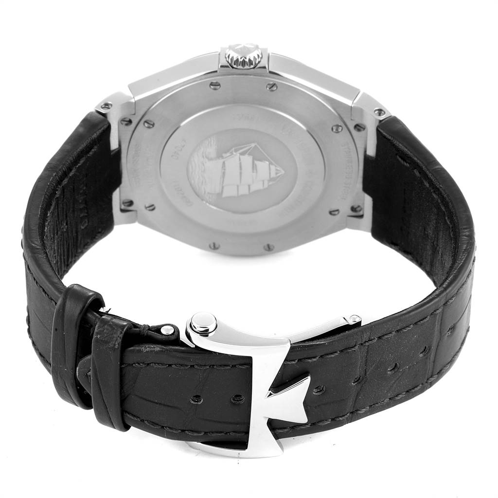 The image shows the case back and the leather strap with the clasp of the Vacheron Constantin Overseas 47040/000W-9500 Men's Stainless Steel Black Dial 47040/000W-9500 Men's Stainless Steel Black Dial model.