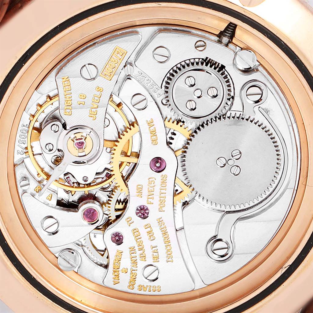 This is a close-up view of the movement and intricate inner mechanics of the Vacheron Constantin Patrimony 33093/1 Men's Rose Gold White Dial 33093/1 Men's Rose Gold White Dial watch.