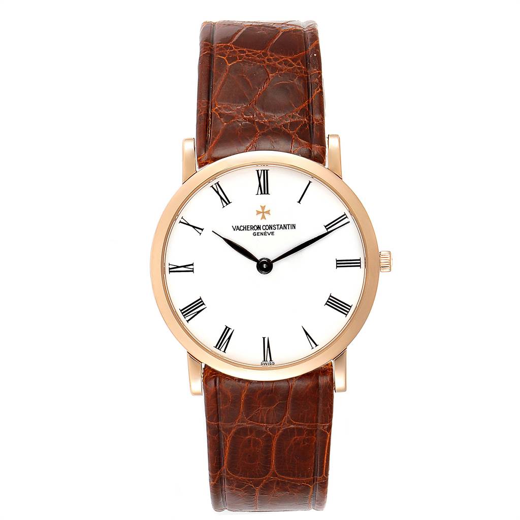 The image shows a front view of the Vacheron Constantin Patrimony 33093/1 Men's Rose Gold White Dial 33093/1 Men's Rose Gold White Dial watch, highlighting the face, dial, and leather strap.