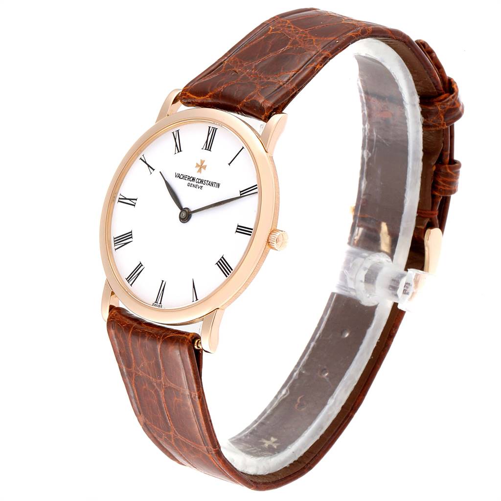 The image shows a Vacheron Constantin Patrimony 33093/1 Men's Rose Gold White Dial 33093/1 Men's Rose Gold White Dial watch at a slight side angle, highlighting its dial, strap, and crown.