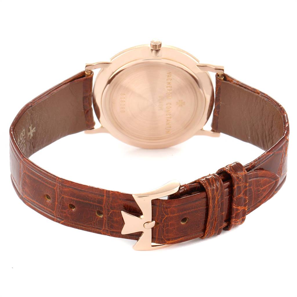 This image shows the back case and leather strap with a buckle of a Patrimony watch by Vacheron Constantin.