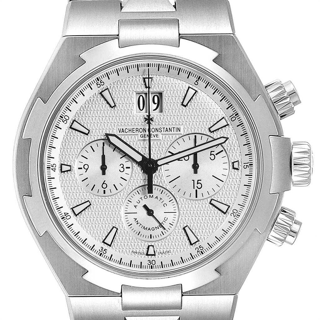 The image shows a direct front view of the Vacheron Constantin Overseas 49150 Men's Stainless Steel Silver Dial 49150 Men's Stainless Steel Silver Dial model watch, highlighting the dial and bezel.