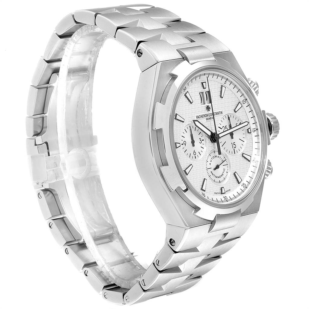 The image shows a Vacheron Constantin Overseas 49150 Men's Stainless Steel Silver Dial 49150 Men's Stainless Steel Silver Dial watch at a three-quarter angle highlighting the watch face, bezel, crown, pushers, and part of the bracelet.