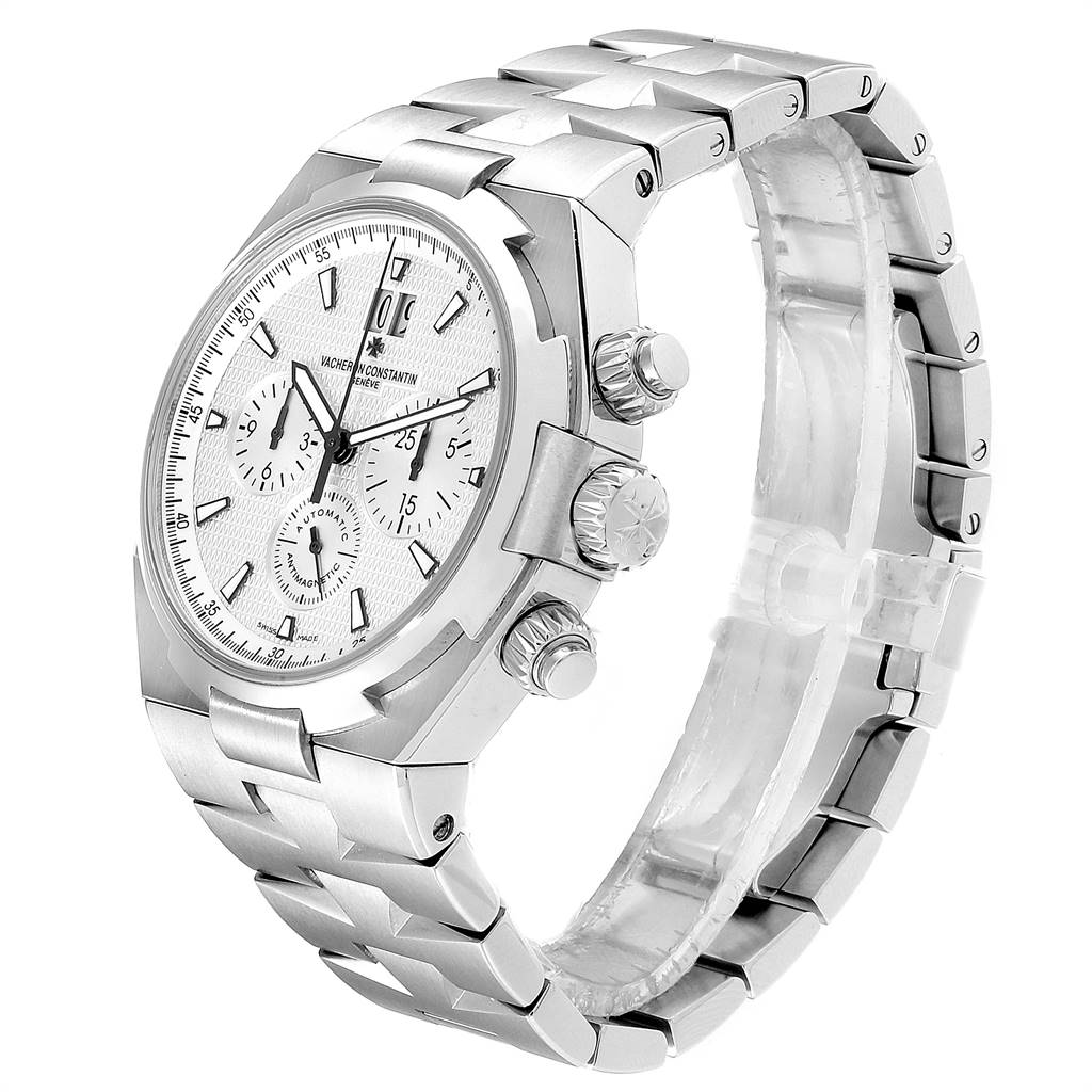 The image shows a side view of the Vacheron Constantin Overseas 49150 Men's Stainless Steel Silver Dial 49150 Men's Stainless Steel Silver Dial watch, displaying its dial, crown, pushers, and bracelet.