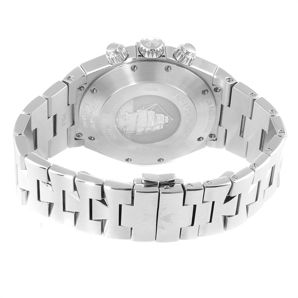 The image shows the back case and bracelet of a Vacheron Constantin Overseas 49150 Men's Stainless Steel Silver Dial 49150 Men's Stainless Steel Silver Dial watch.