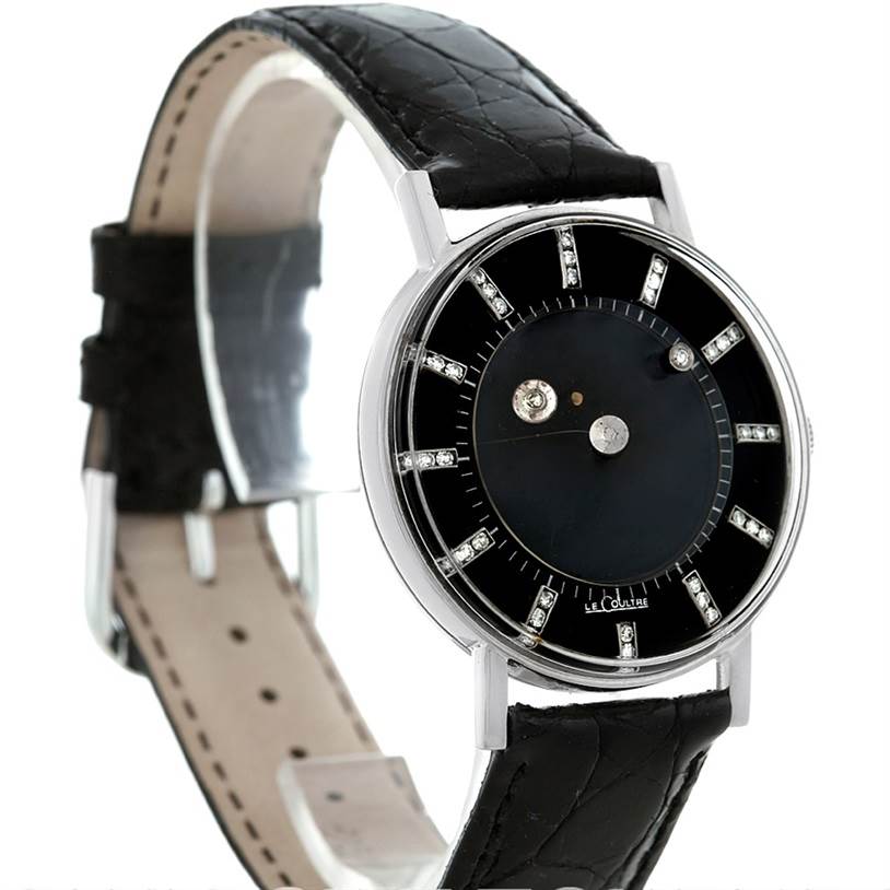 The image shows a side angle of the Vacheron Constantin Vintage White Gold Black Dial White Gold Black Dial watch, highlighting its black dial and leather strap.