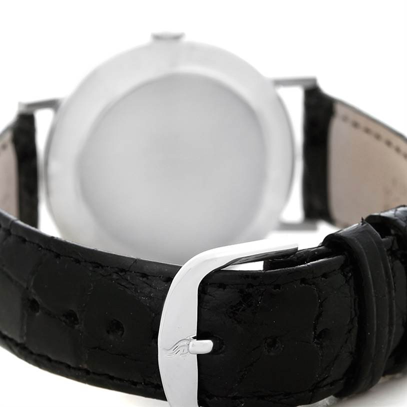 This image shows the leather strap and buckle from the rear side of the Vacheron Constantin Vintage White Gold Black Dial White Gold Black Dial watch.
