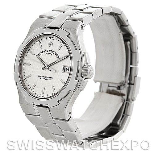 This image shows a Vacheron Constantin Overseas 42042 Men's Stainless Steel Silver Dial 42042 Men's Stainless Steel Silver Dial watch from a front-angle highlighting the dial, bezel, crown, and partial bracelet.
