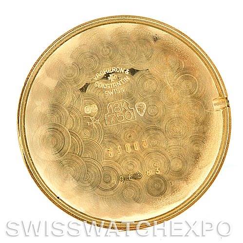 This image shows the inside case back of a Vintage Vacheron Constantin watch, displaying the brand, model, and hallmark details.