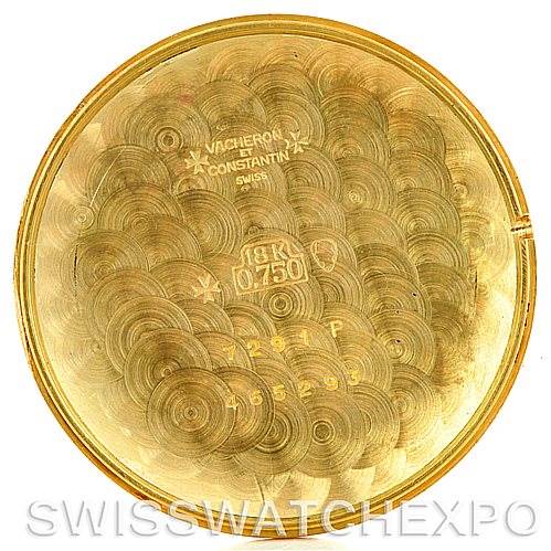 This image shows the inside back cover of a Vintage Vacheron Constantin watch, stamped with various hallmarks and the brand's name.