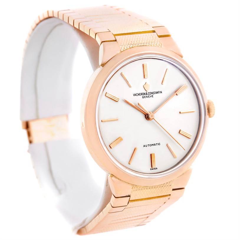 The image shows a side angle view of a Vintage Vacheron Constantin watch, highlighting its dial, bracelet, and crown.