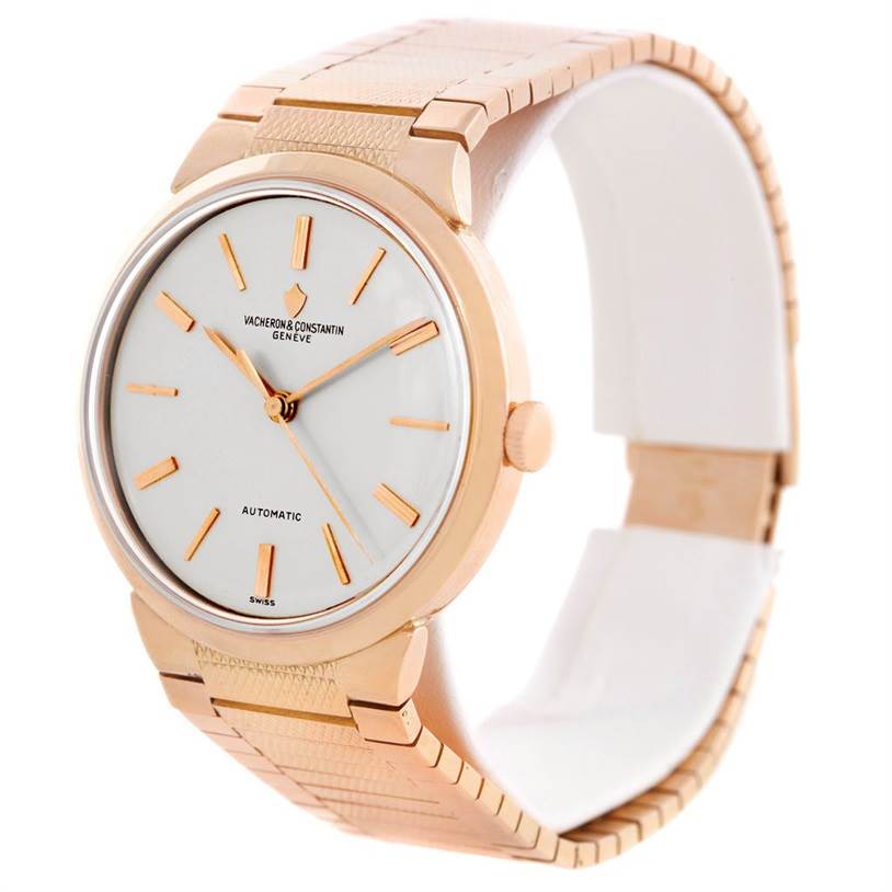 The image shows a side angle of a vintage Vacheron Constantin watch, highlighting the dial, hands, crown, and part of the bracelet.