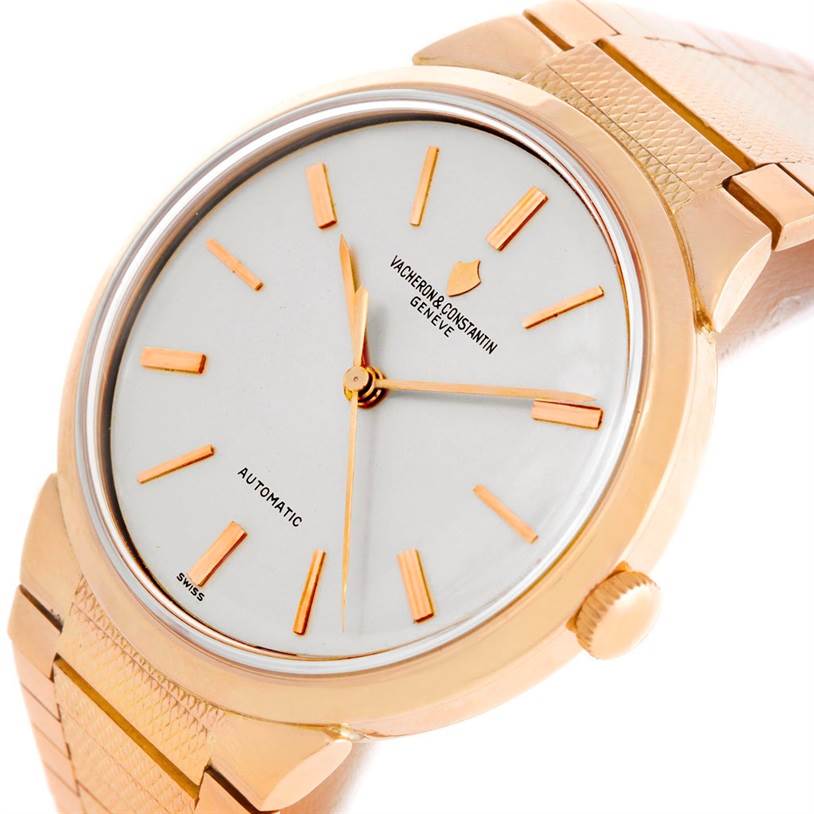 The image shows a close-up, angled view of the dial, crown, and part of the strap of a Vacheron Constantin Vintage Men's Rose Gold Beige Dial Men's Rose Gold Beige Dial watch.