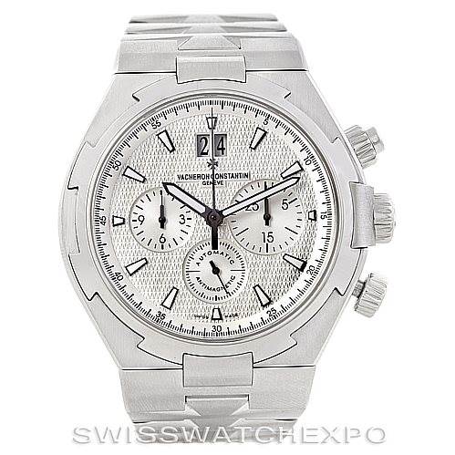 This image shows a front view of a Vacheron Constantin Overseas 49150 Men
s Stainless Steel Silver Dial 49150 Men
s Stainless Steel Silver Dial watch, highlighting the dial, hands, chronograph subdials, and crown.