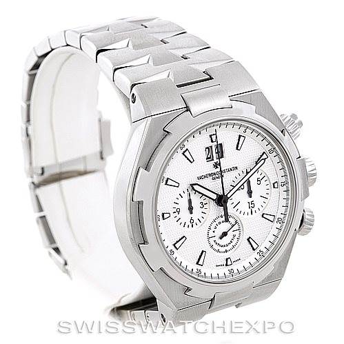 This image shows a side angle of the Vacheron Constantin Overseas 49150 Men
s Stainless Steel Silver Dial 49150 Men
s Stainless Steel Silver Dial model watch, highlighting the face, bezel, and bracelet.