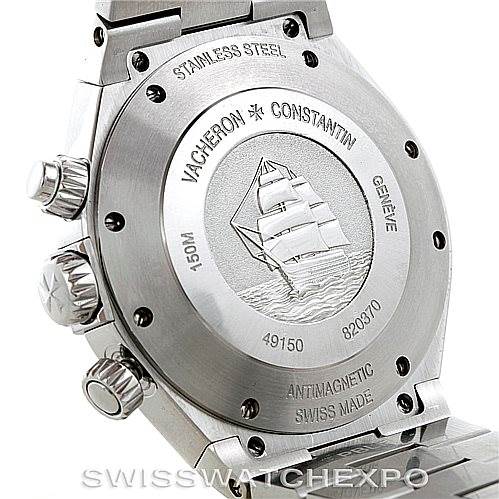 The image shows the back case and bracelet of a Vacheron Constantin Overseas 49150 Men
s Stainless Steel Silver Dial 49150 Men
s Stainless Steel Silver Dial watch, highlighting its stainless steel back with engraved ship design.